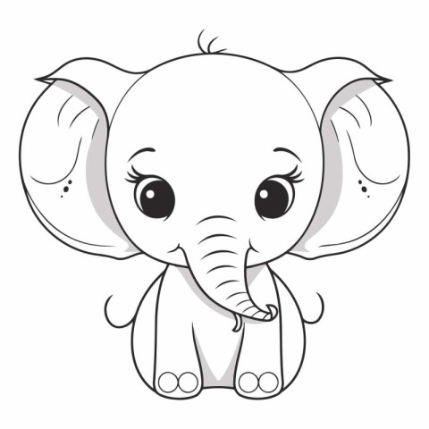 Cute cartoon elephant. Black and white vector illustration for c