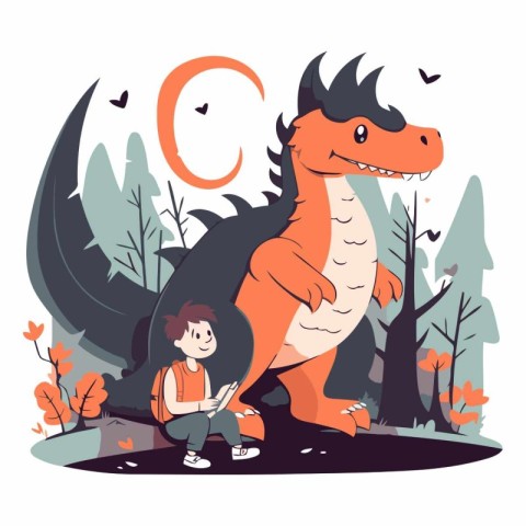 Cute little boy with a dinosaur in the forest