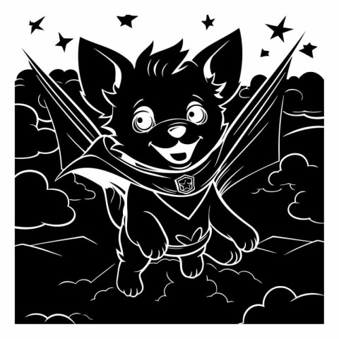 black and white illustration of a chihuahua superhero with wings