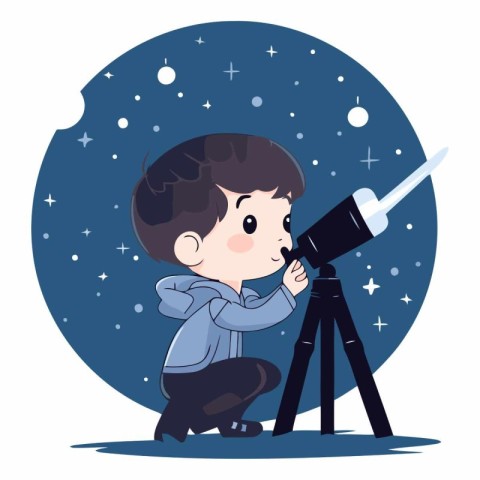 Boy looking through a telescope in cartoon style on white backgr