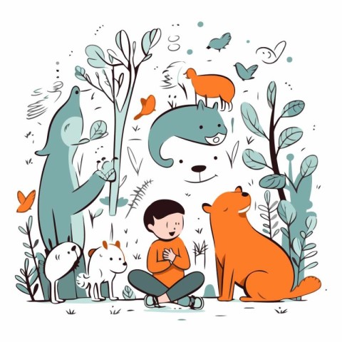 Cute hand drawn animals and kids in the forest.