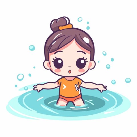 Cute little girl swimming in the pool. Vector cartoon character