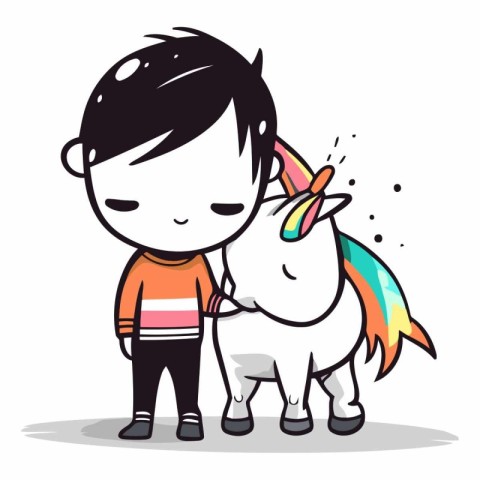 Cute little boy and unicorn in cartoon style.