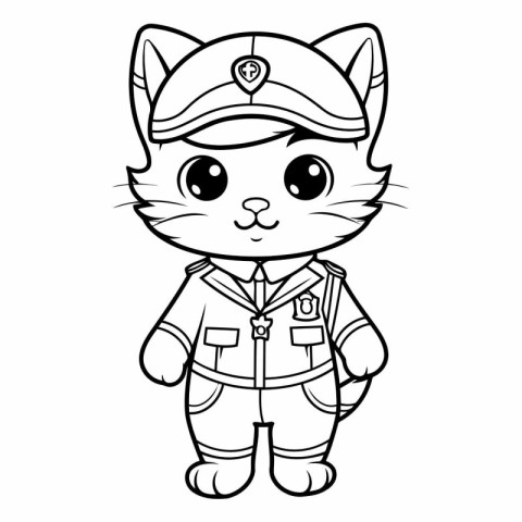 Black and White Cartoon Illustration of Cute Cat Police Officer