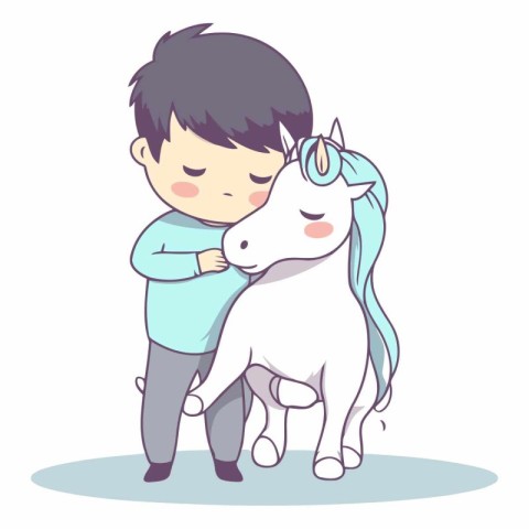 Cute little boy hugging a white unicorn. Vector cartoon illustra