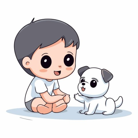 Cute little boy playing with his dog. Vector cartoon illustratio