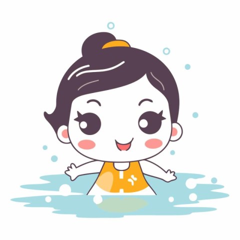 Cute cartoon girl swimming in pool on white background.