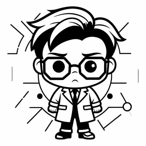 Cute Cartoon Scientist Character Wearing Glasses - Black and Whi