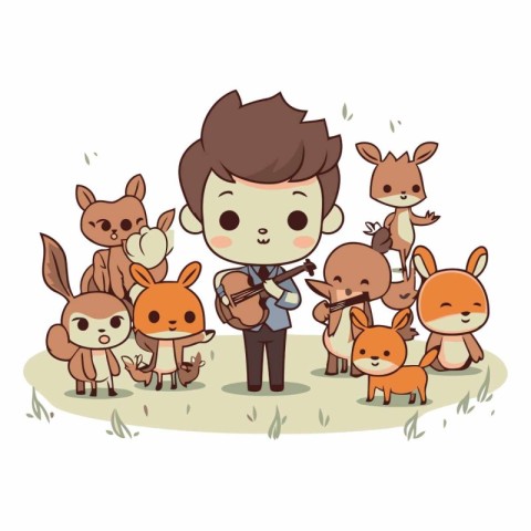 Cute little boy playing violin with his group of animals.