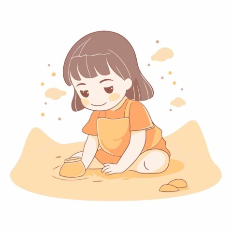 Cute little girl playing with clay pot on the sand