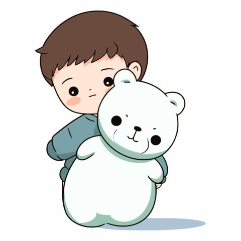 Cute little boy hugging a big white bear.