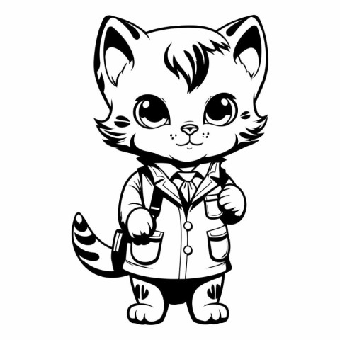 Cute cartoon cat in school uniform with backpack.