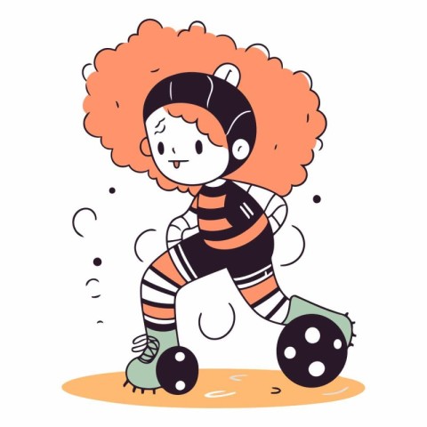 Cute little girl playing roller skates in cartoon style.