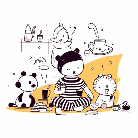 Cute little girl with panda bear. Vector hand drawn illustration