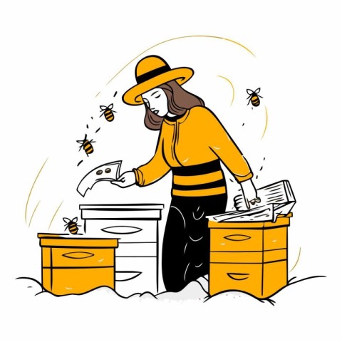 Beekeeper working in apiary on white background.