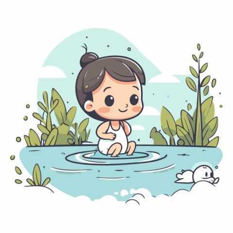 Cute little girl playing in the pond. cartoon vector illustratio