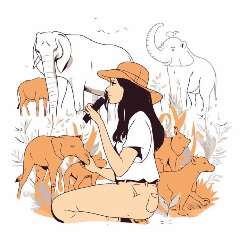 Girl with binoculars and safari animals.