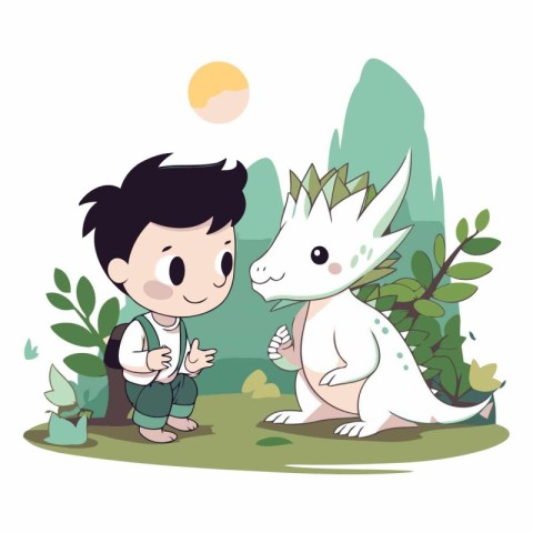 Boy with dinosaur in the garden of cute cartoon character.