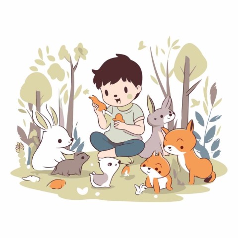 Cute little boy feeding rabbit and other animals.