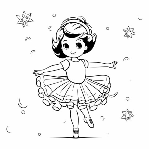 Cute little ballerina in a tutu. Black and white vector illustra