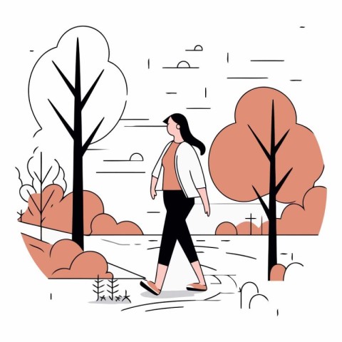 Woman walking in the park in flat style. Girl walking in the par