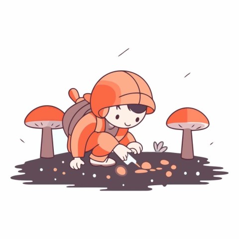 Cute little boy planting mushroom in the garden.