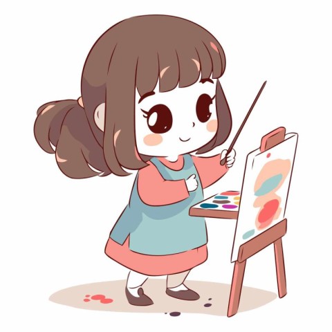 Illustration of a Cute Little Girl Painting on an Easel