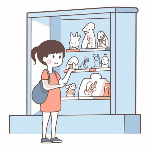 Illustration of a young woman shopping at a pet shop with her pe