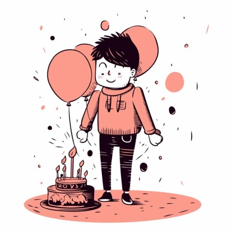 Cute boy with balloons and cake. Vector hand drawn illustration.