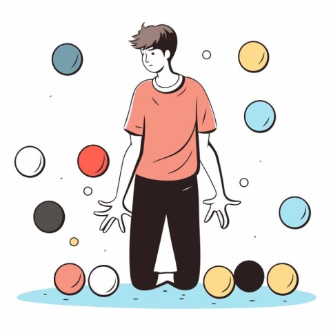 Young man standing on the background of balls. Vector hand drawn