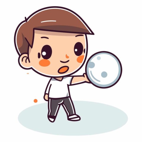 Boy holding bowling ball vector illustration. Cartoon boy holdin