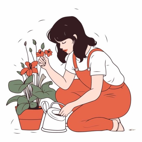 Gardening woman watering flowers. Hand drawn vector illustration