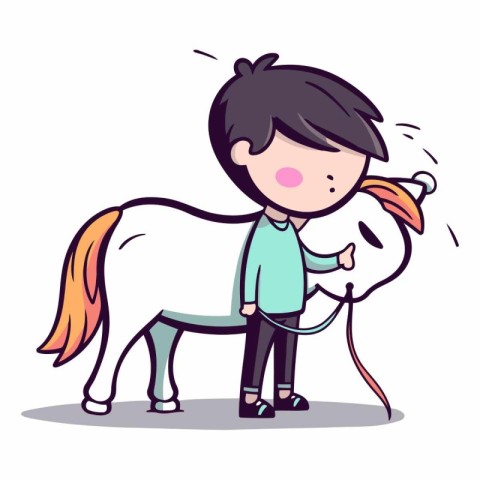 Cute little boy and white horse in cartoon style.