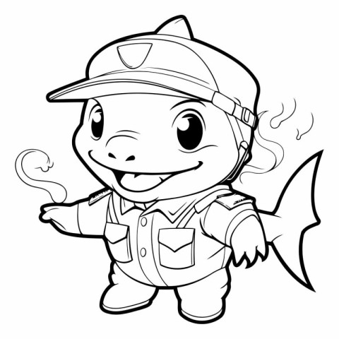 Black and White Cartoon Illustration of Cute Little Fisherman Ch