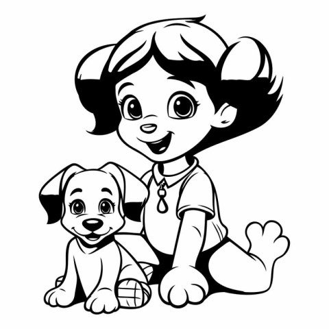 Little girl with dog - black and white vector illustration for c