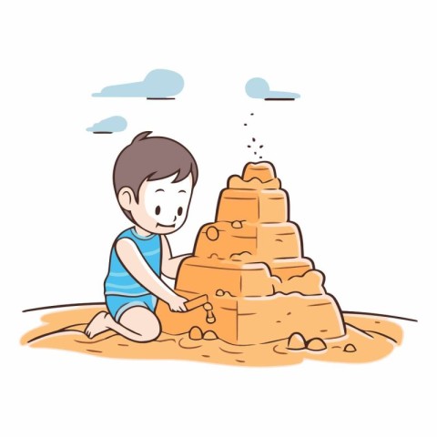 boy building sand castle on the beach. eps