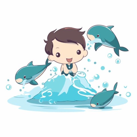 Cute cartoon boy swimming in the sea with a dolphin.