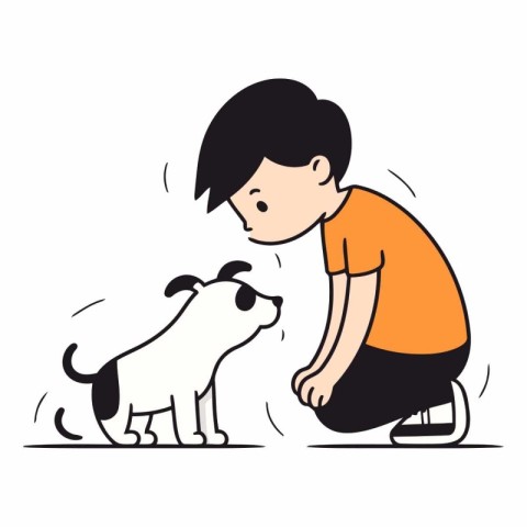 Little boy playing with a dog in cartoon style.