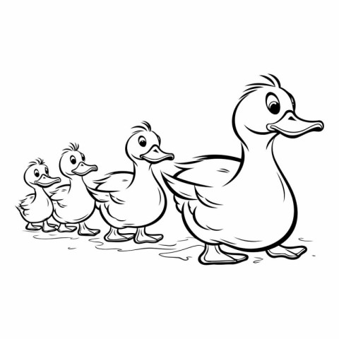 Duck with ducklings - Black and White Cartoon Illustration. Vect