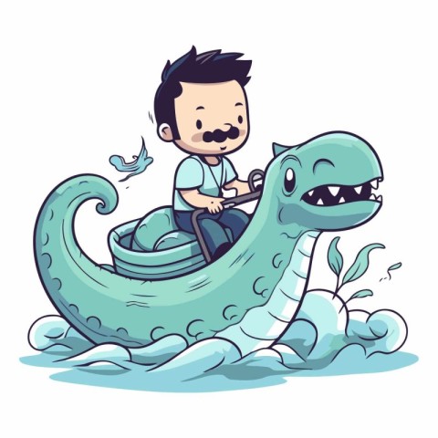 Vector illustration of a boy riding a giant monster on a boat.