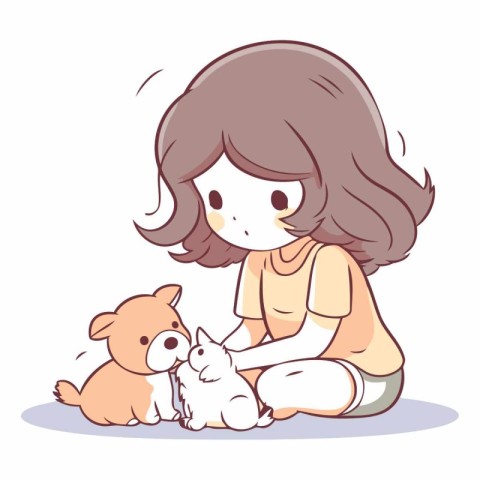 Illustration of a little girl playing with her dog and her cat