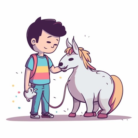 Little boy with a pony in flat cartoon style.