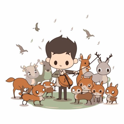 Cute boy playing violin with group of animals.