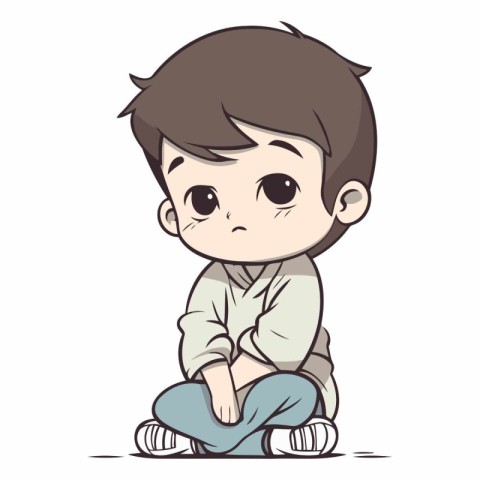 Sad little boy sitting on the floor in cartoon style.