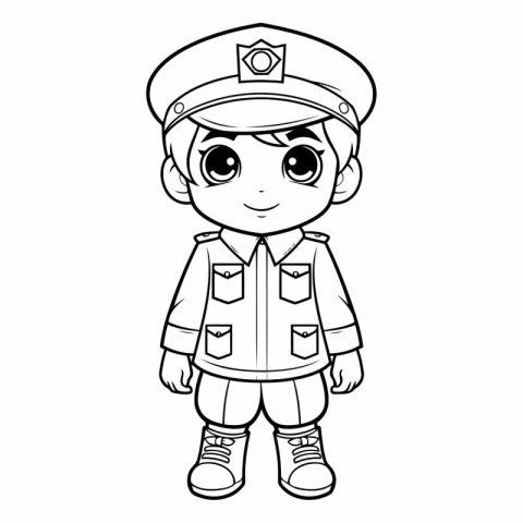 Black and White Cartoon Illustration of Cute Little Boy Captain