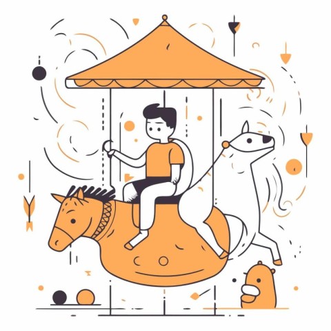 Vector illustration of a happy boy riding a horse on a merry-go-