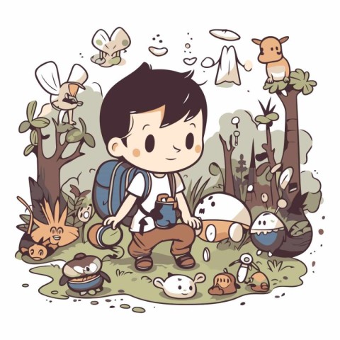 Illustration of a Little Boy Playing In the Forest with Differen