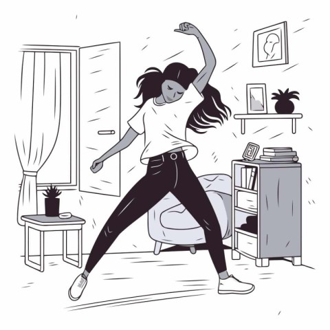 Young woman dancing at home in sketch-style.