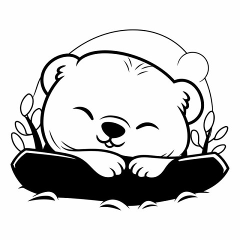 Black and White Cartoon Illustration of Cute Polar Bear Mascot C