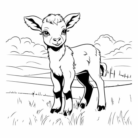 Vector black and white cartoon illustration of goat standing on